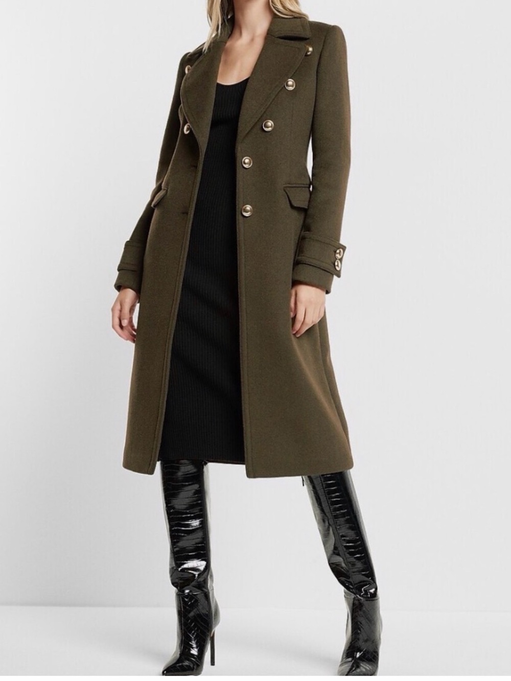 Express Double-Breasted Long Trench Coat in Dark Olive
